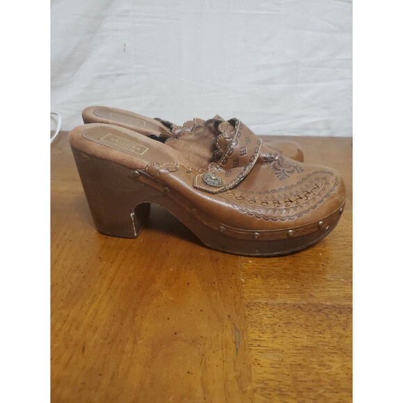 Arizona Jean‎ Company Clogs 90's Y2K Brown Tooled Leather Size 8 Almost Famous - Picture 4 of 7